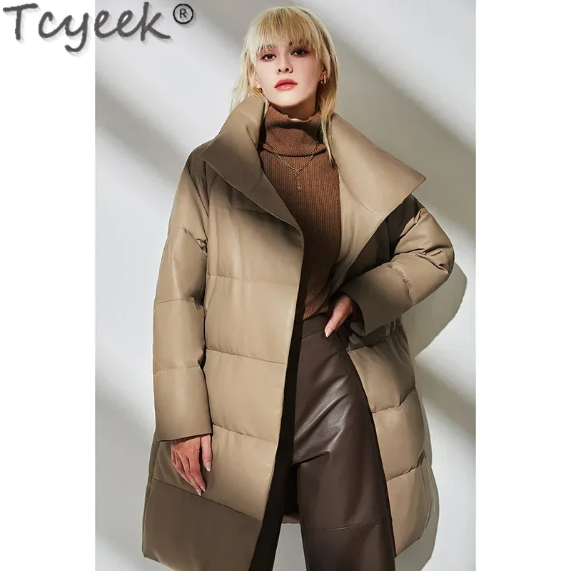 Tcyeek casaco de pele de carneiro de couro genuíno para mulheres jaqueta de comprimento médio jaquetas de inverno jaqueta de couro roupas femininas chaquetas