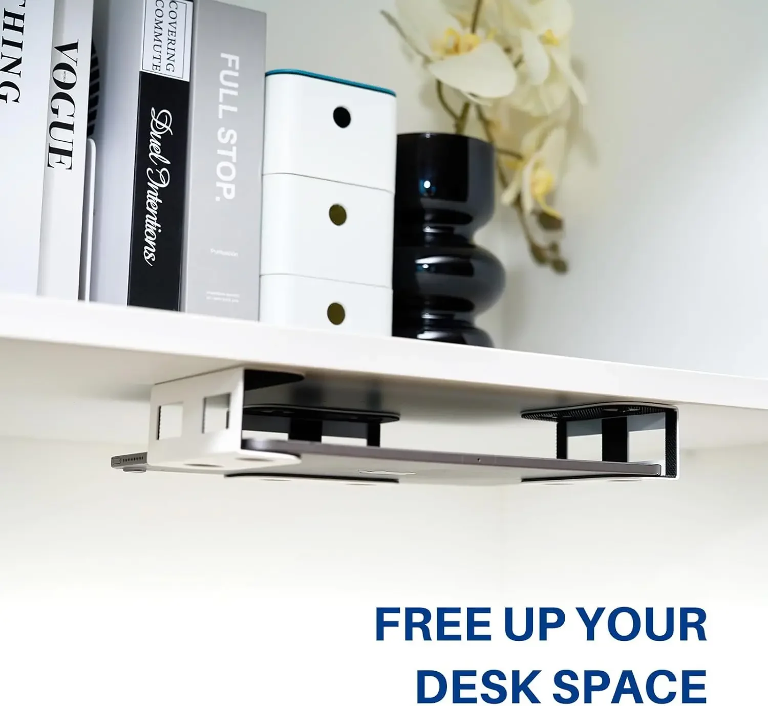 Under Desk Laptop Mount, Metal Under Desk Shelf Holder for Laptop, Mac Mini, Macbook, Keyboard with Anti-Scratch Silicone