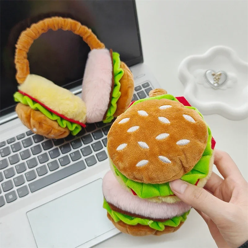 柔らかくて暖かいハンバーガーのイヤーマフ,かわいい,面白い,フライドポテト,屋外,防寒,イヤーマフのカバー,新年の贈り物,冬,2022