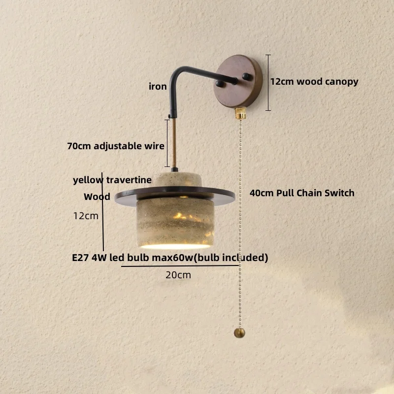 IWHD Saklar Rantai Tarik Lampu Dinding LED Perlengkapan Dapur Restoran Batu Travertine Kuning Kayu Lampu Samping Tempat Tidur Modern Nordic Tempat Lilin