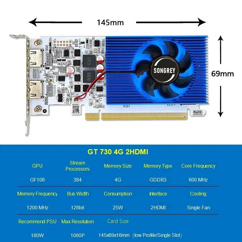 Tarjeta gráfica SONGREY GT730 de 4GB DDR3 2HDMI, pantalla de 2 monitores PCI-E2.0 16X, GPU de computadora, GPU de perfil bajo 1080P, 1 año de garantía