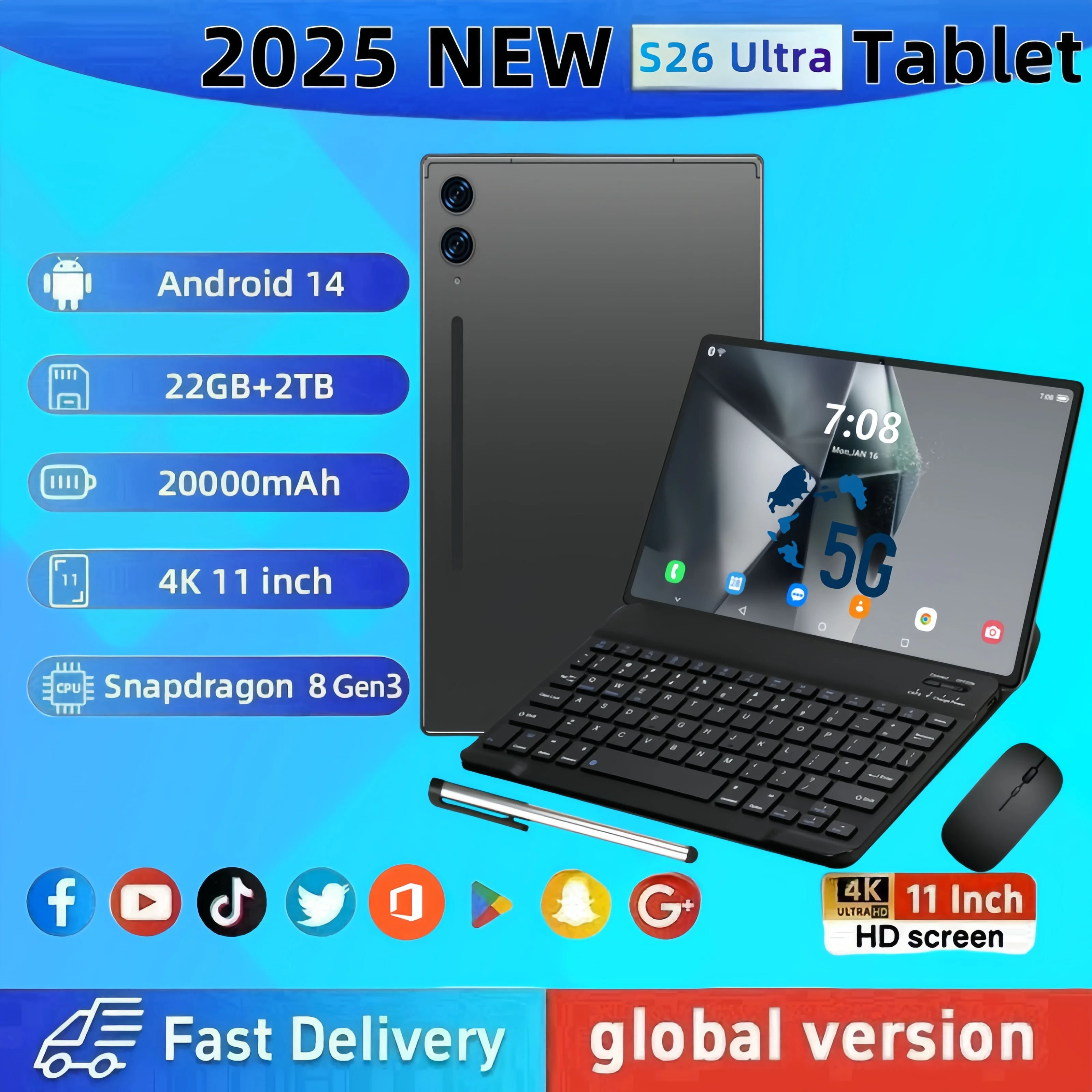2025 Global Version New S26 Ultra Tablet 22GB+2T 11inch HD 4K Android14 20000mAh 5G Dual SIM Phone Call WiFi GPS WPS Tablet PC