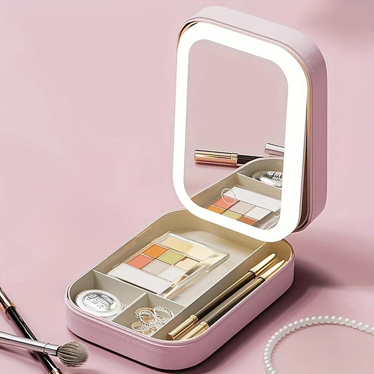 1PC Adjustable separated cosmetic case with built-in mirror, portable cosmetic storage bag and beauty tool accessory box.