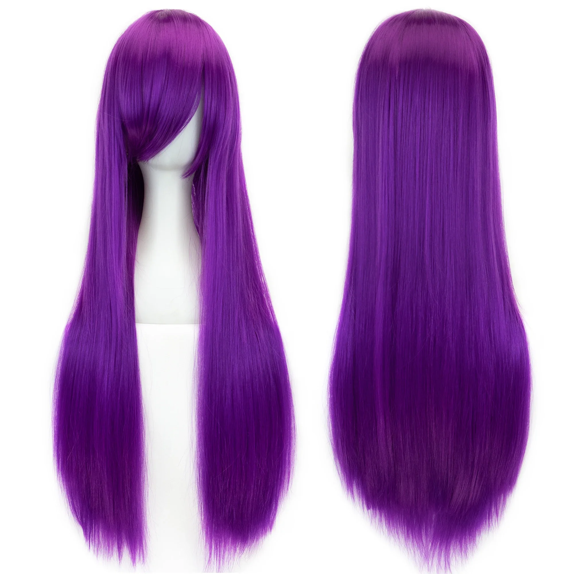 Soowee ยาวสังเคราะห์ผมสีขาวสีม่วงคอสเพลย์วิกผมปาร์ตี้ผมสีดําตรงวิกผมสําหรับผู้หญิง