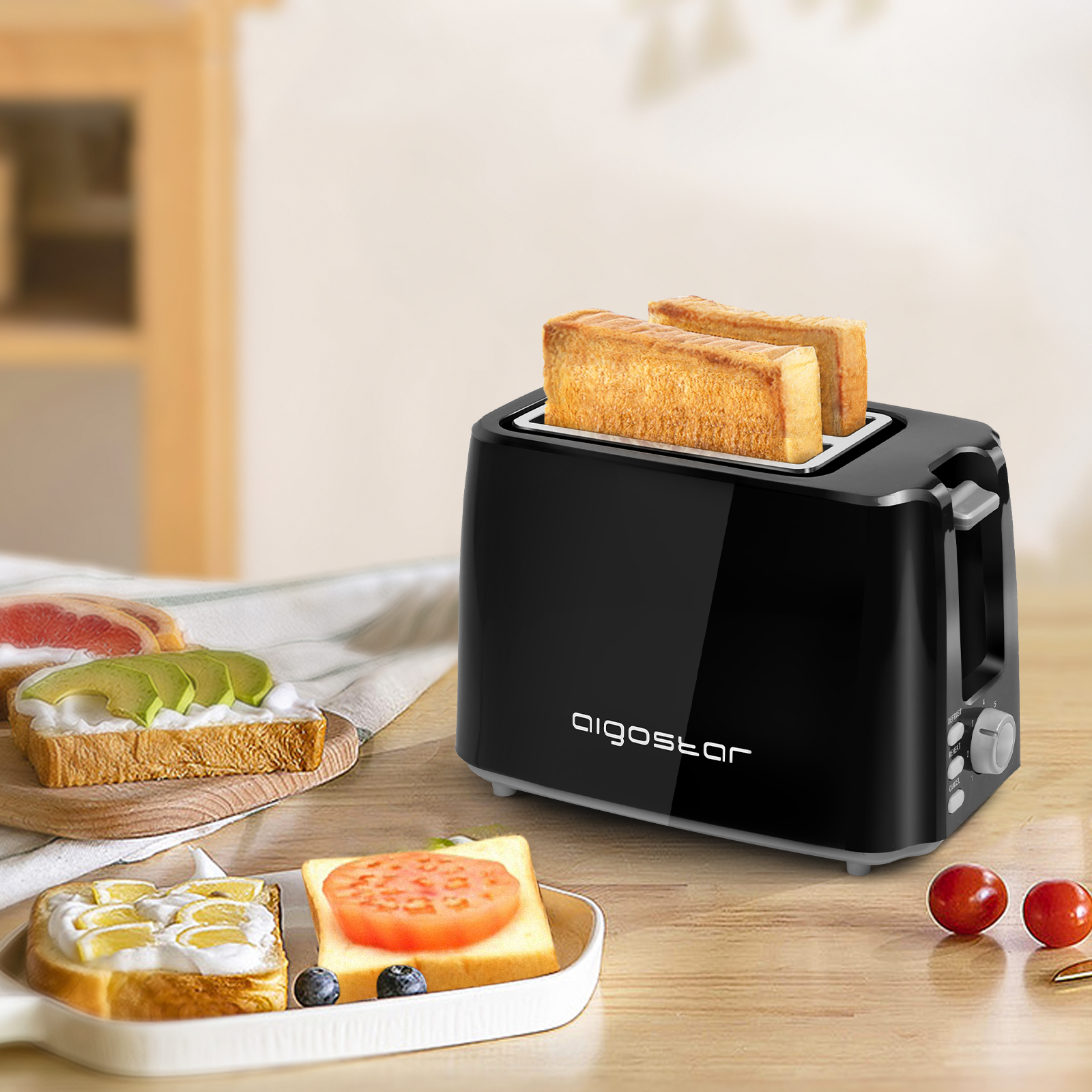 Tostadora con 2 Ranuras Cortas Extraanchas, 7 Niveles de Tostado, Función Recalentar, Descongelar y Cancelar, Libre de BPA, Diseño exclusivo, Color Negro, 750 W