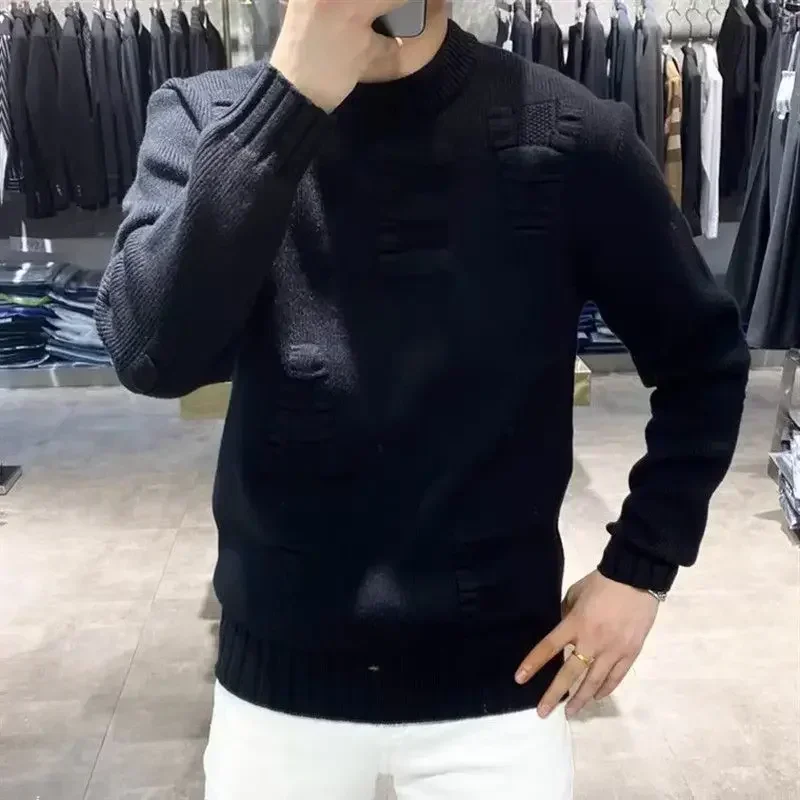 Suéter de punto verde para hombre, jerseys lisos de Color sólido, moda coreana, jerséis clásicos, Overfit calentado