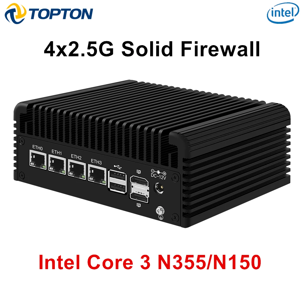 Topton Solid Firewall PC Computer Intel Core 3 N355 N305 N150 N100 4x2,5G LAN Typ-C 2*NVMe 2*SATA Lüfterloser Mini-PC NAS-Server