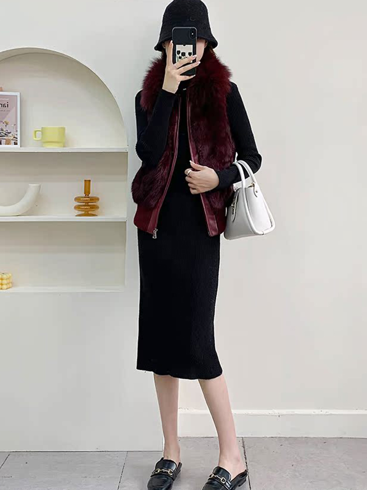 Dames echt konijnenbont vest jas breien winter vossenbontkraag bontjas casual kort uitloper slank met ritssluiting