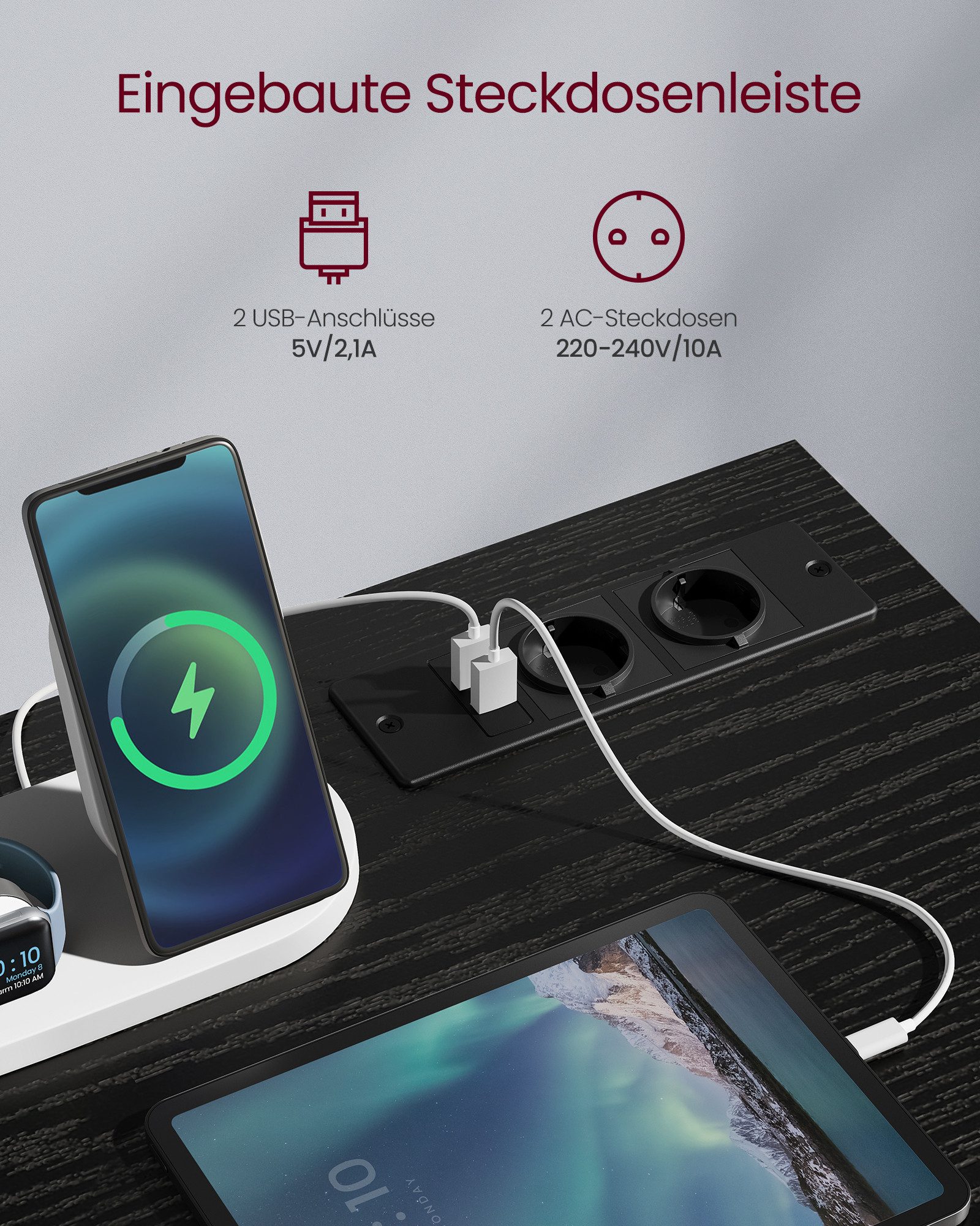 VASAGLE Bureau, speeltafel met LED-verlichting, stopcontacten, 50x100x76cm