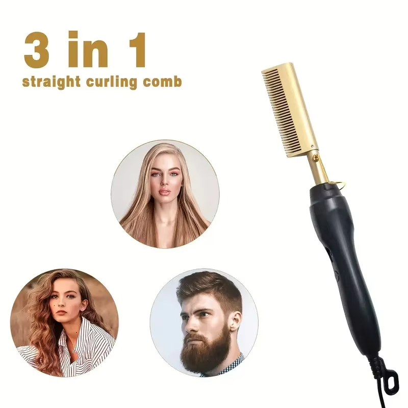 Multi Functional Electric Copper Comb Straightener, Dual-purpose for Comb, Perm Stick, Curly and Straight Hair