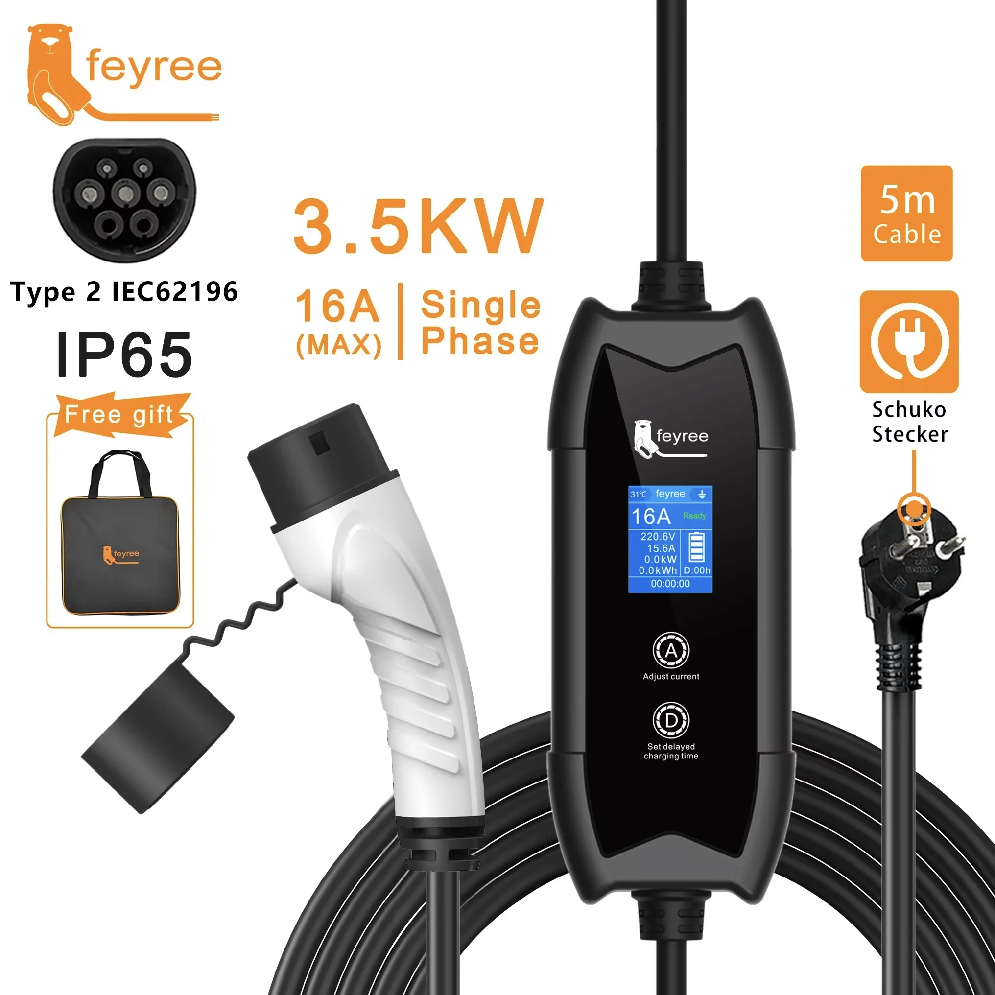 Feyree Type2 3.5KW 16A Ajustar Corrente EV Carregador Portátil Caixa de Carregamento Conjunto Corrente e Tempo de Atraso com Plugue Schuko para Ca Elétrico