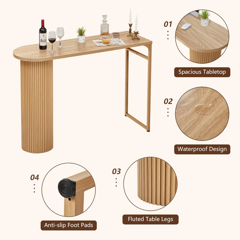 55" Long Bar Table, Fluted Wood Counter Height Pub Table, High Top Kitchen Breakfast Bar Tables with Sturdy Metal Frame