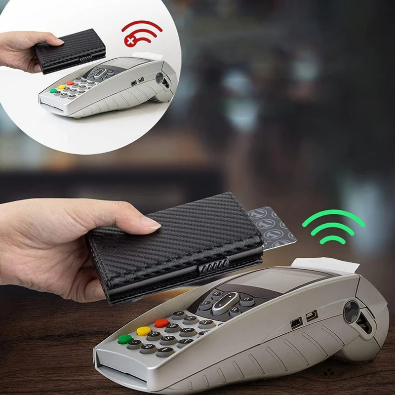 กระเป๋าสตางค์พับสองทบผู้ชายคาร์บอนไฟเบอร์และอลูมิเนียม - RFID Blocking ที่ใส่บัตรป๊อปอัพอัตโนมัติ, ช่องใส่เหรียญ, กระเป๋าเงินธุรกิจ