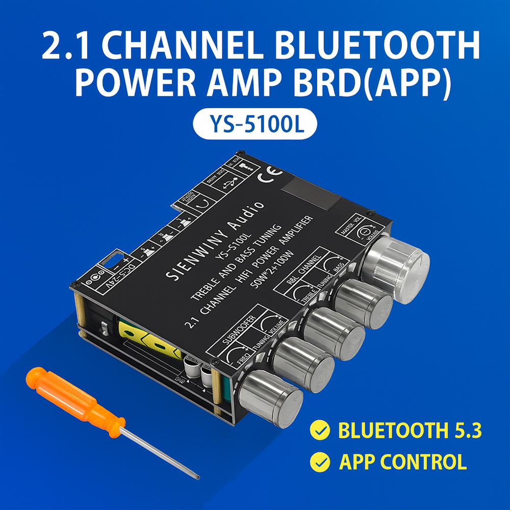 Carte amplificateur Bluetooth 5.0 YS-S100L 2.1 canaux, avec contrôle par application 50Wx2 + 100W, Module d'ampli de puissance Audio HiFi pour caisson de basses