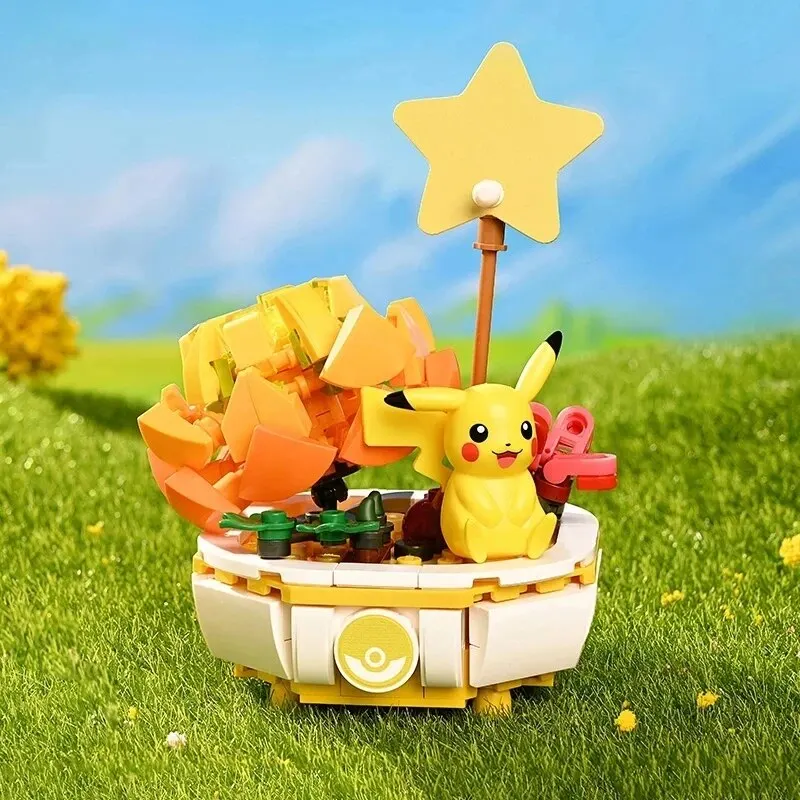 Pokemon Potted Bonsai Building Blocks Pikachu Charmander Squirtle ชุดอิฐของเล่น Creative Desktop ของขวัญตกแต่งสําหรับเด็ก