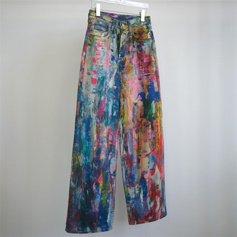 Damenjeans 2025, Frühjahr, neue bemalte Graffiti-Damenhose, Paar-Stil, lockere Hose mit geradem Bein, Hose aus reiner Baumwolle mit weitem Bein