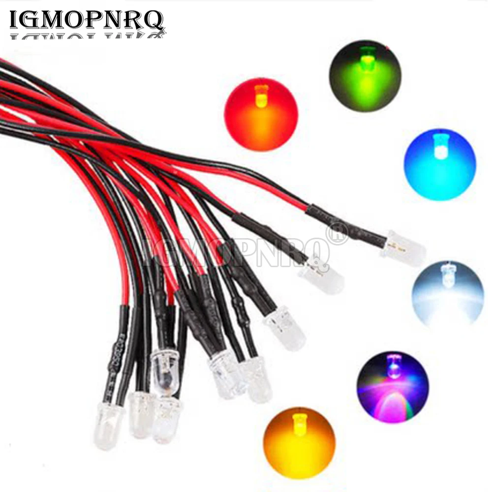 10PCS 12V 24V 3V-6V 5mm diodi LED trasparenti rosso verde blu giallo arancione bianco RGB cavo precablato 20cm