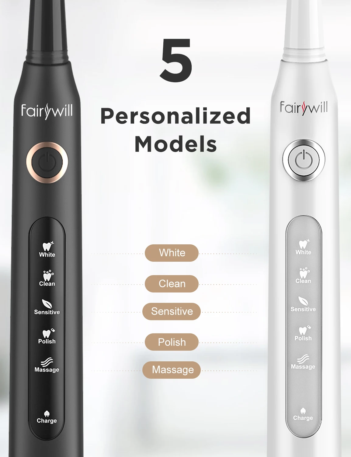 Fairywill Sonic Elektrische Zahnbürste FW-D7 Set USB-Lade-Zahnbürstenetui für Erwachsene mit Zahnbürstenköpfen 5-Modus Smart Time