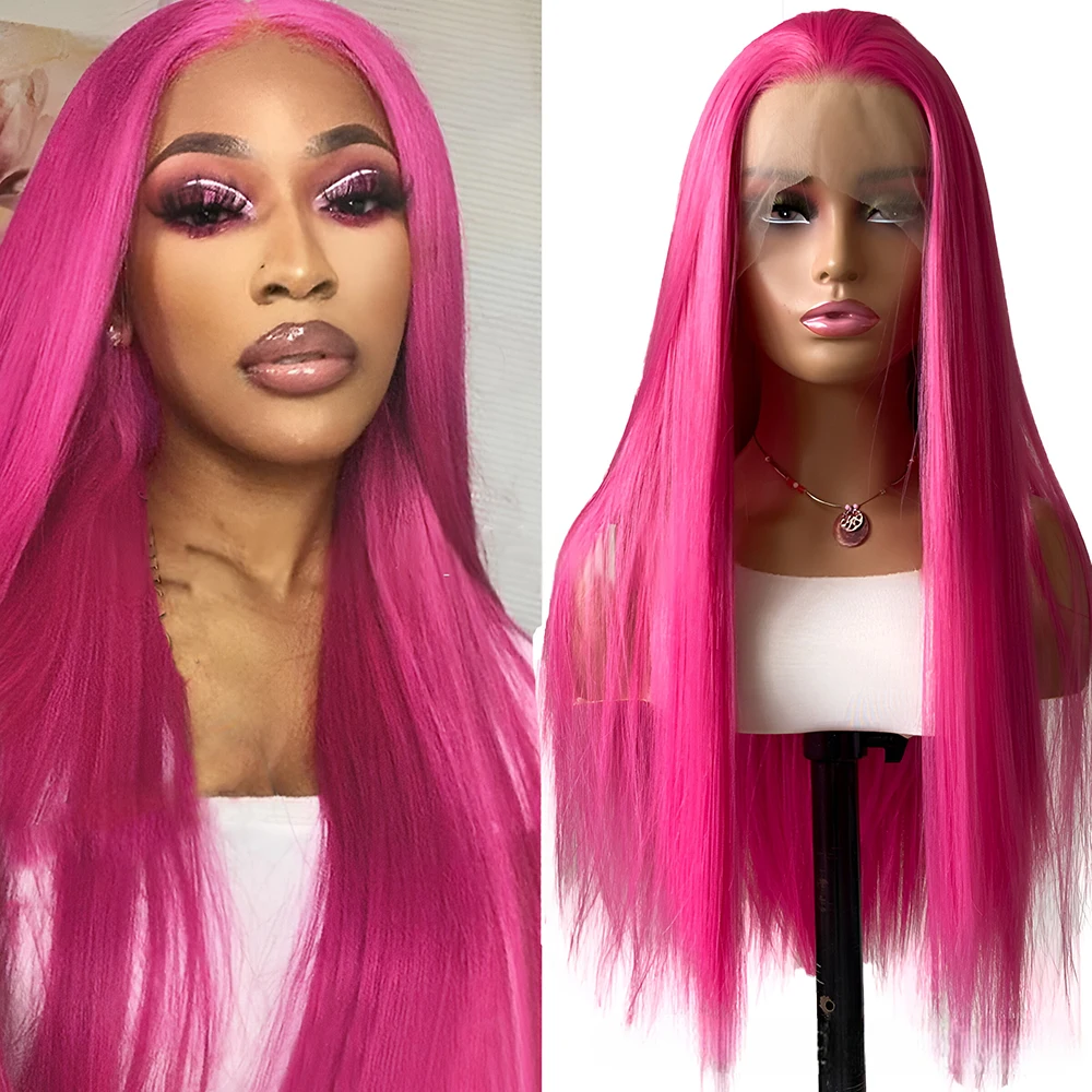 Rosa rosa reta peruca de renda sintética sem cola perucas para mulheres linha fina natural uso diário longo rosa peruca cosplay parte cabelo frontal