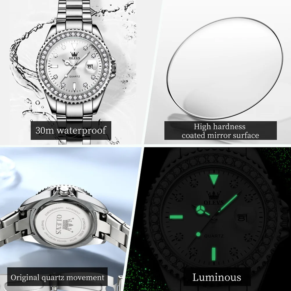 OLEVS, reloj de cuarzo con esfera de diamante de lujo para mujer, relojes elegantes a la moda para mujer, reloj de pulsera resistente al agua de acero inoxidable para mujer