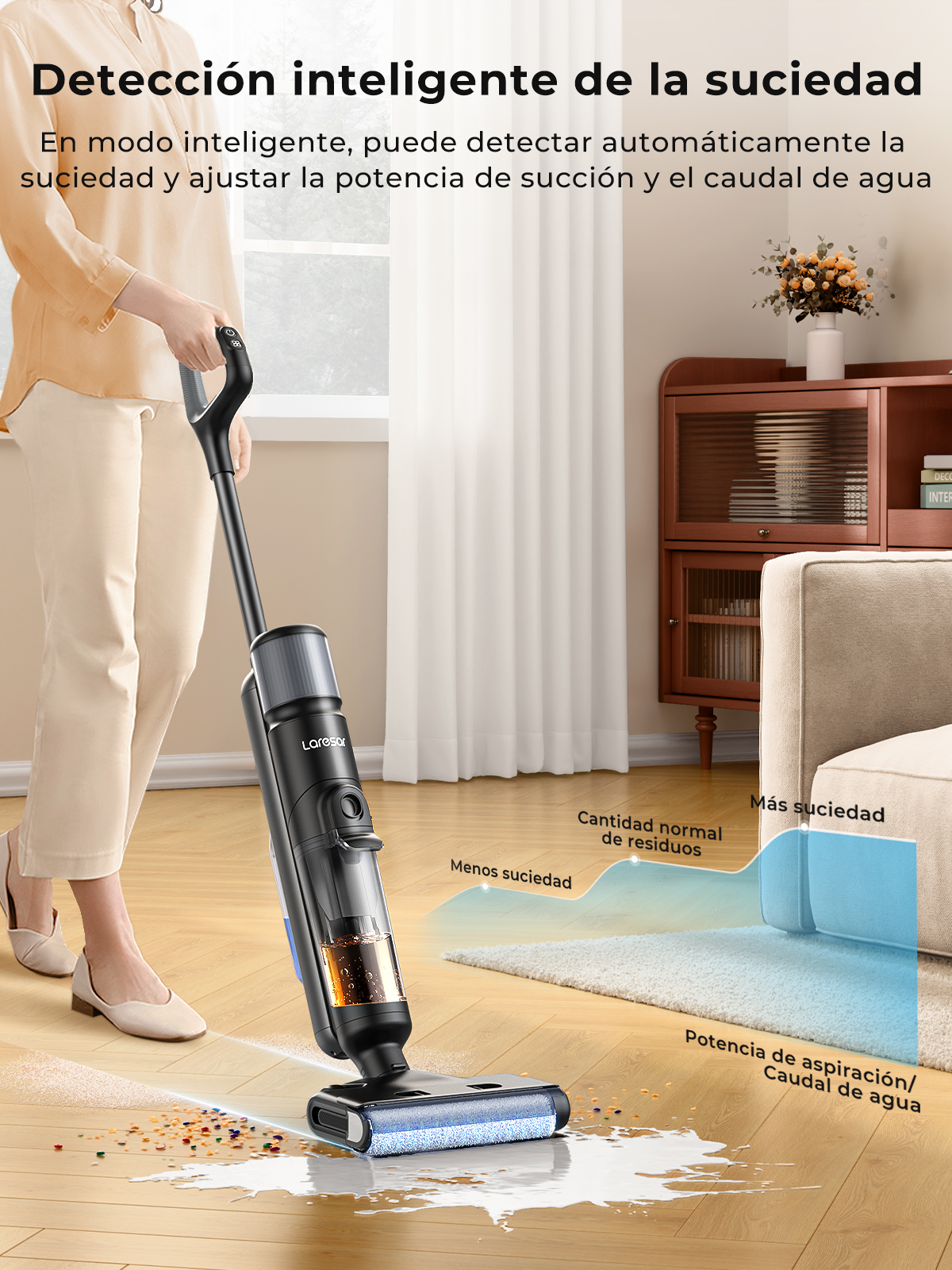 Laresar M3 Aspiradora inalámbrica para limpieza en seco y húmedo, diseño para limpieza de bordes, 55 min de autonomía, control automático de succión, lavadora de suelos autolimpiante, electrodoméstico inteligente.