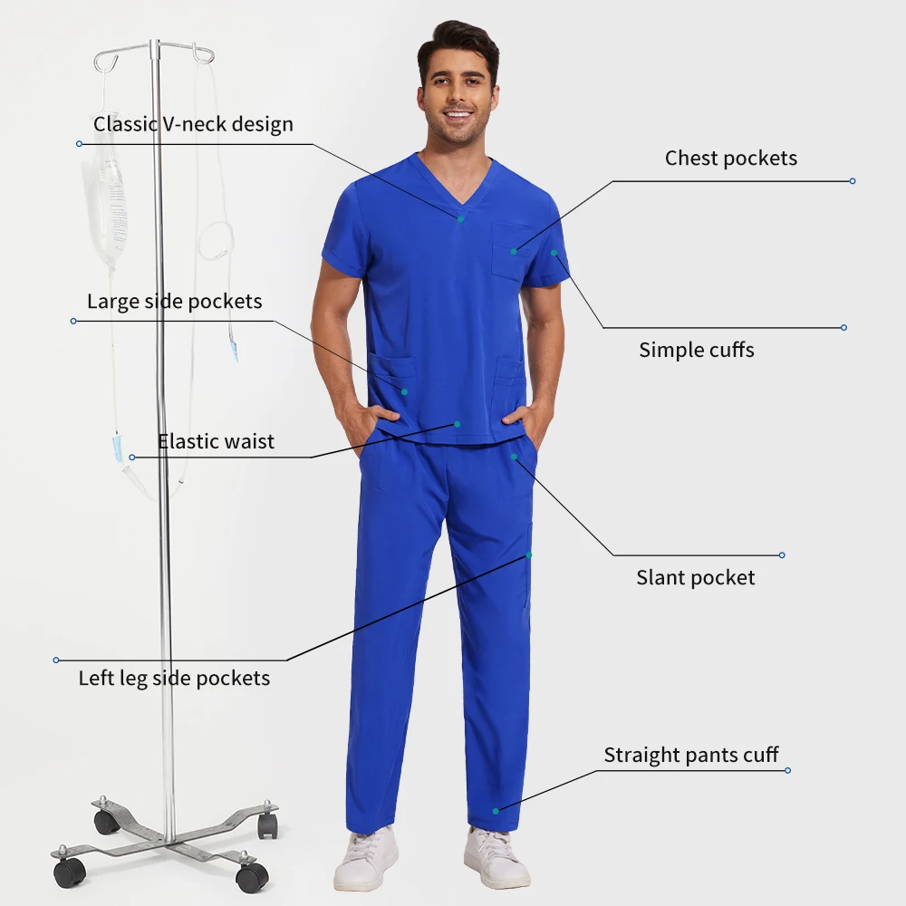 Scrubs Uniform Mannen Werkkleding Lab Werkkleding Uniformen Gezondheidszorg Verpleging Uniformen Korte Mouw V-hals Scrubs Tops + Broek Pak