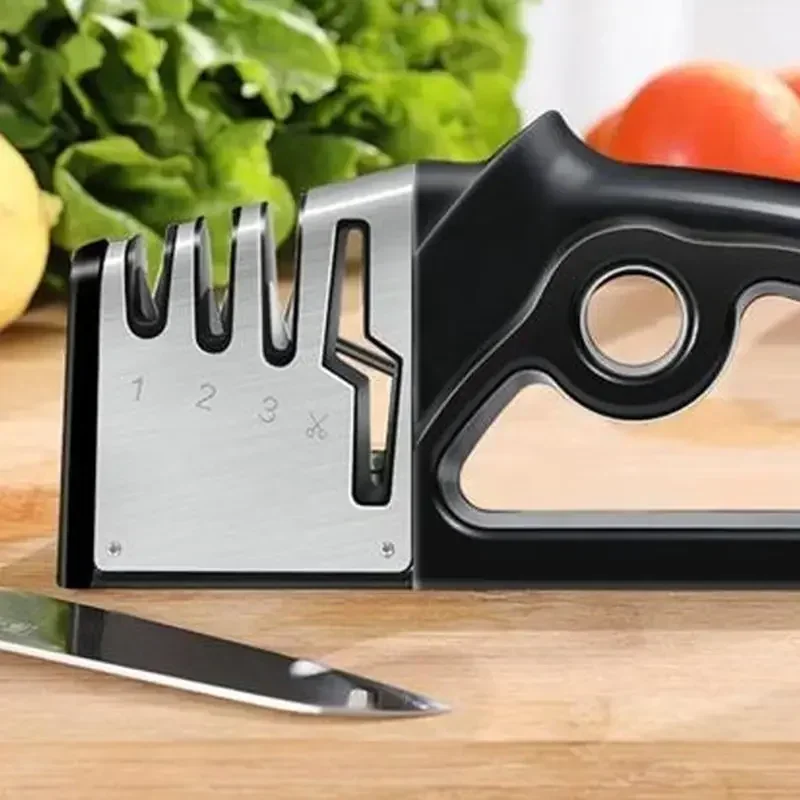 Pengasah pisau multifungsi, aksesoris peralatan dapur pisau Stainless Steel genggam batu pengasah cepat 4in1