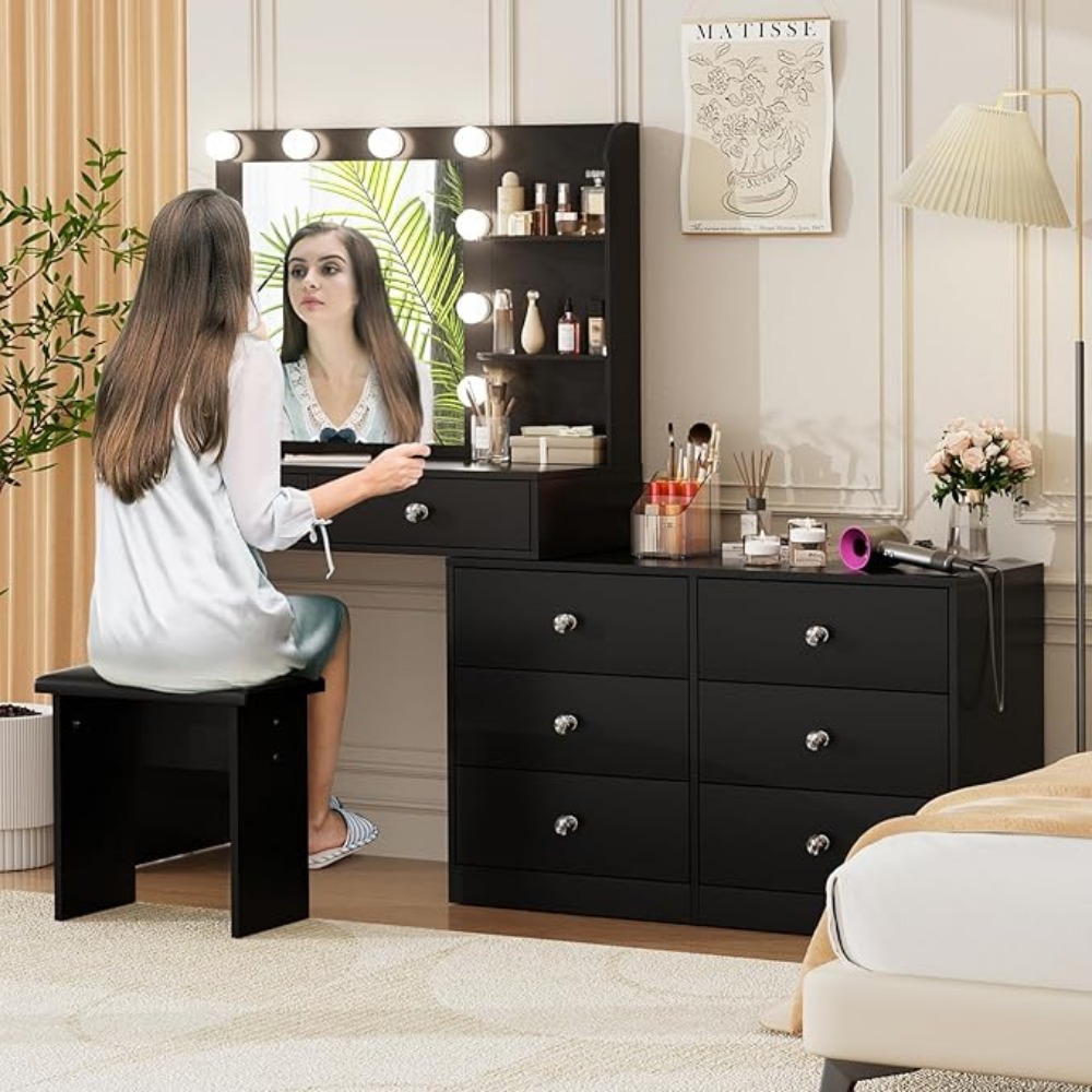 Vanity with Lighted Mirror - 47"Makeup Vanity Desk with8Drawers3Storage Shelves and Outlet, 3 Color Lighting Modes, Makeup Desk