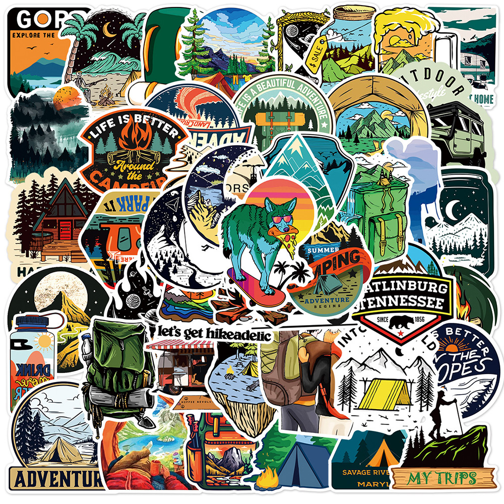 10/30/50 pçs floresta acampamento caminhadas ao ar livre dos desenhos animados adesivos viagem cenário decalques à prova dwaterproof água graffiti mala bagagem bicicleta carro