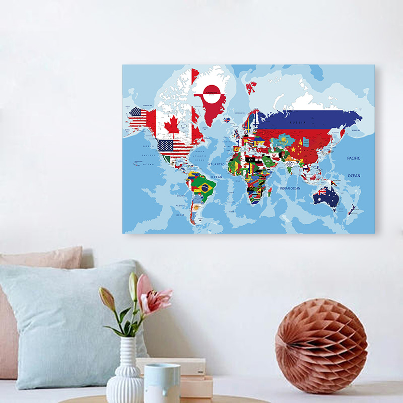 英語のキャンバス絵画の世界地図、創造的な壁の芸術、ポスター、オフィス、学用品、教室、家の装飾、60x40cm