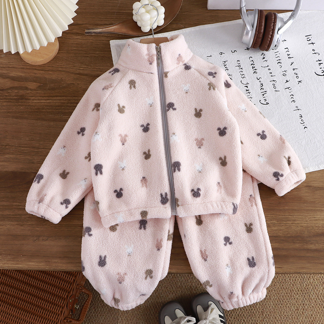 Toddler baby autumn and winter plus velvet thickened set cartoon children's home clothes shaking and brushed children's set