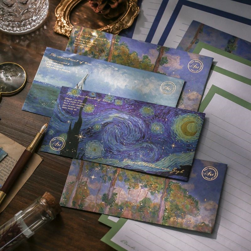 Briefpapier-Umschläge im Van-Gogh-Stil, Brief-Set, inklusive 4 Papier-Briefpapier und 2 Umschlägen für das Schulbüro