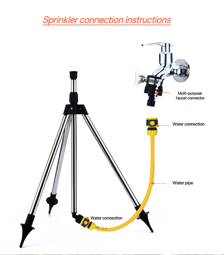 Irrigatore rotante automatico da giardino a 360 gradi Set treppiede in acciaio inossidabile Supporto per irrigazione Strumento per irrigazione per prato da giardino a getto d'acqua