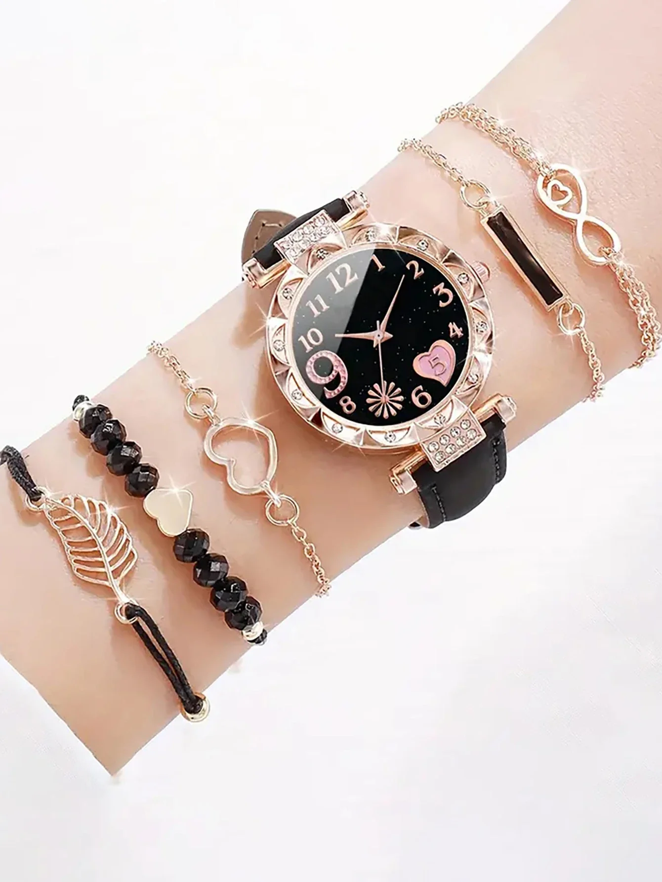 Reloj de cuarzo a la moda para mujer, reloj de pulsera analógico con banda de cuero rosa de lujo, conjunto de pulsera de vestir para mujer, 6 uds.