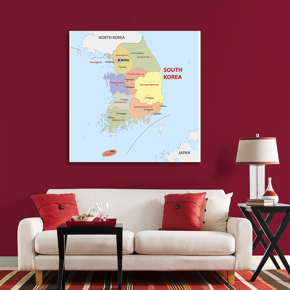 Carte administrative de corée du sud, image décorative suspendue murale, décoration de bureau et de maison, fournitures scolaires-90x90cm/ 150x150cm