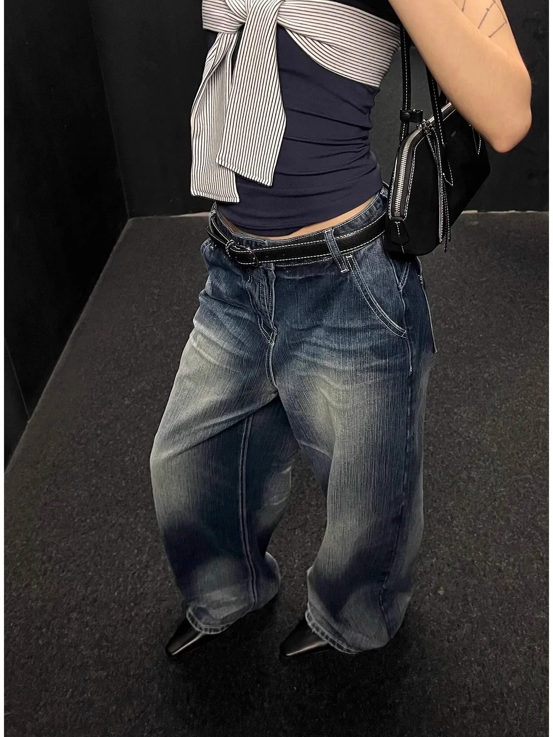 WCFCX STUDIO Vintage-Jeans mit weitem Bein, lockere Passform, hoch taillierte, schlankmachende, lässige, lange Hose mit geradem Bein