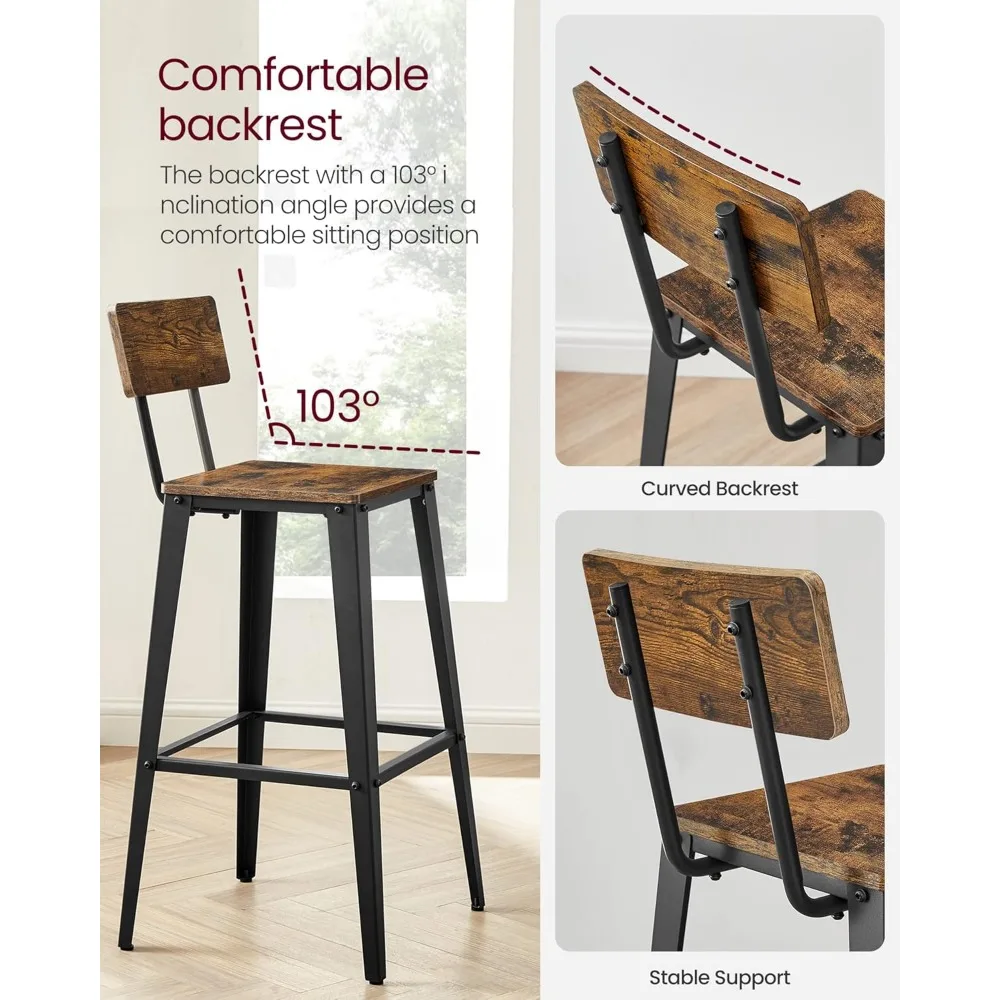 Set of 2 Bar Stools, Bar Height Stools, 29.1 Inches Tall Barstools with Back, Counter Bar Chairs for Kitchen Island Steel Frame