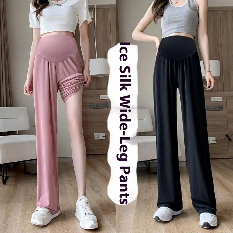 Summer Women's Maternity with Pockets Large Size Maternity Trousers Outside Wearing Thin Section of Ice Silk Draped Wide-Legged