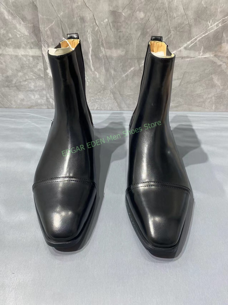 Sepatu bot Pria, klasik kulit hitam Splice rajut elastis High Top sepatu ujung runcing pria Slip On sepatu pendek Ankle