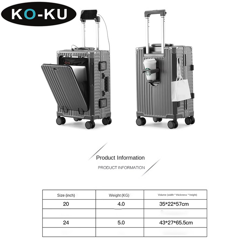 KO-KU Aluminium Frame Trolley Case Front Open Cover Multifunction Business Travel Suitcase Cup Holder USB Port 20'' Boarding Box