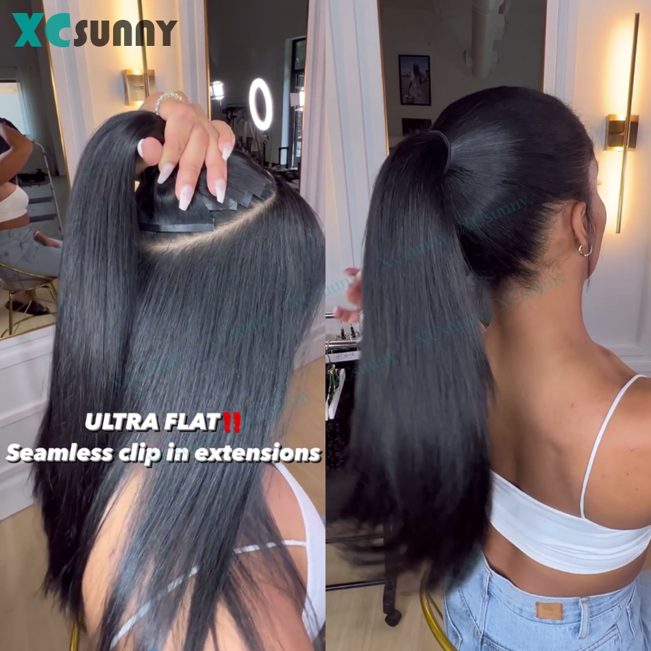 Clip droit sans couture Ins cheveux humains pince en polyuréthane dans les Extensions de cheveux cheveux humains Double dessiné peau trame pince pour les femmes 100g-240g