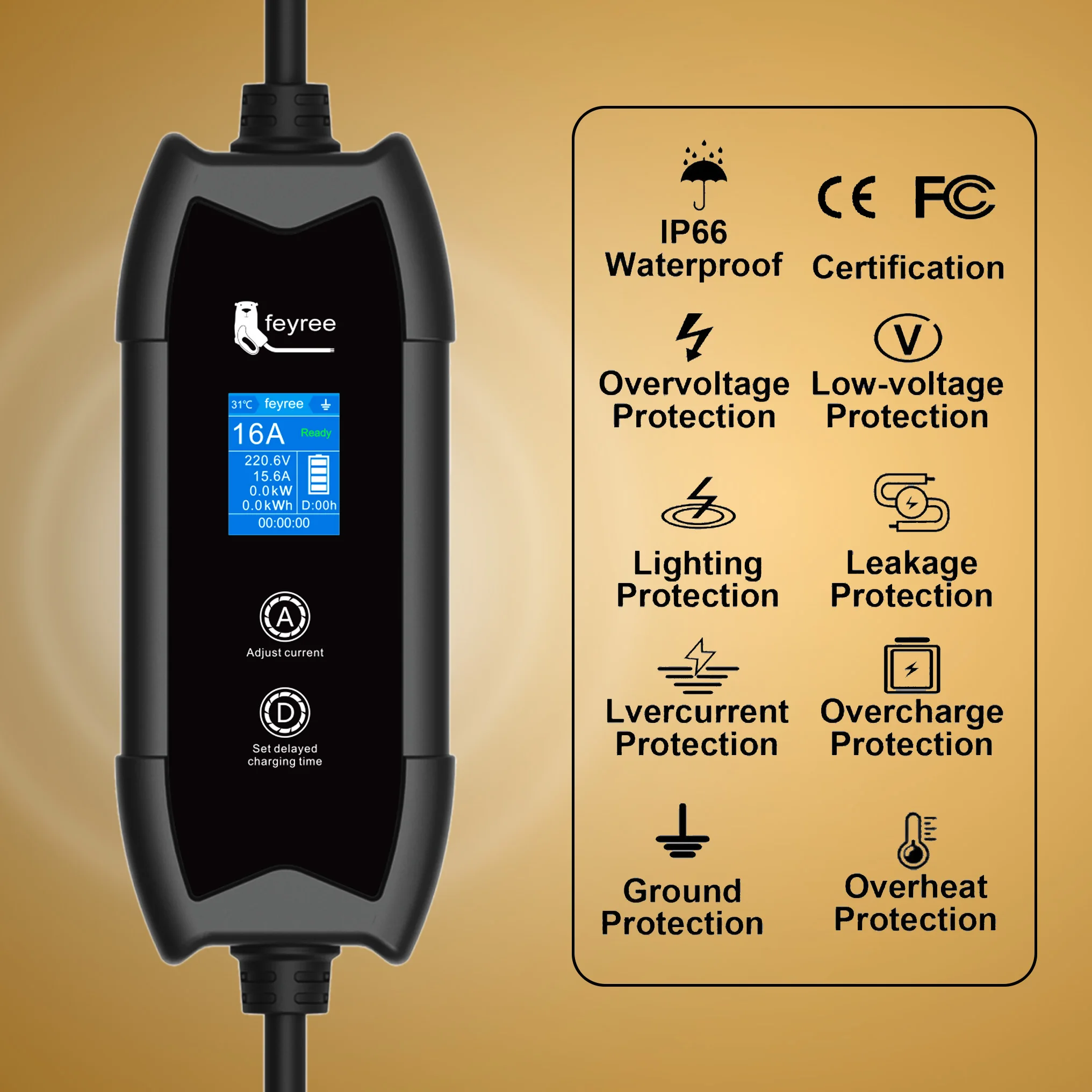 feyree EV 充電器 Type2 3.5KW 16A ポータブル充電ボックスセット電流とセット遅延時間 5 メートルケーブル電気自動車車の充電器