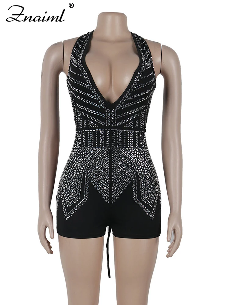 Znaiml-monos cortos con cuello en V profundo para mujer, trajes de vendaje Halter de diamantes de imitación, monos de cristal, fiesta de cumpleaños y Club nocturno