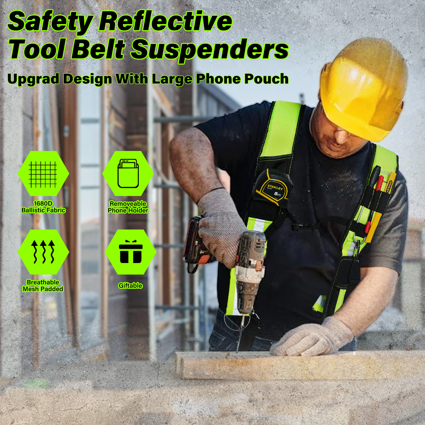 MELOTOUGH 반사 안전 공구 벨트, 슬링 건설 가방, 슬링 패딩 작업 벨트 (높은 가시성)