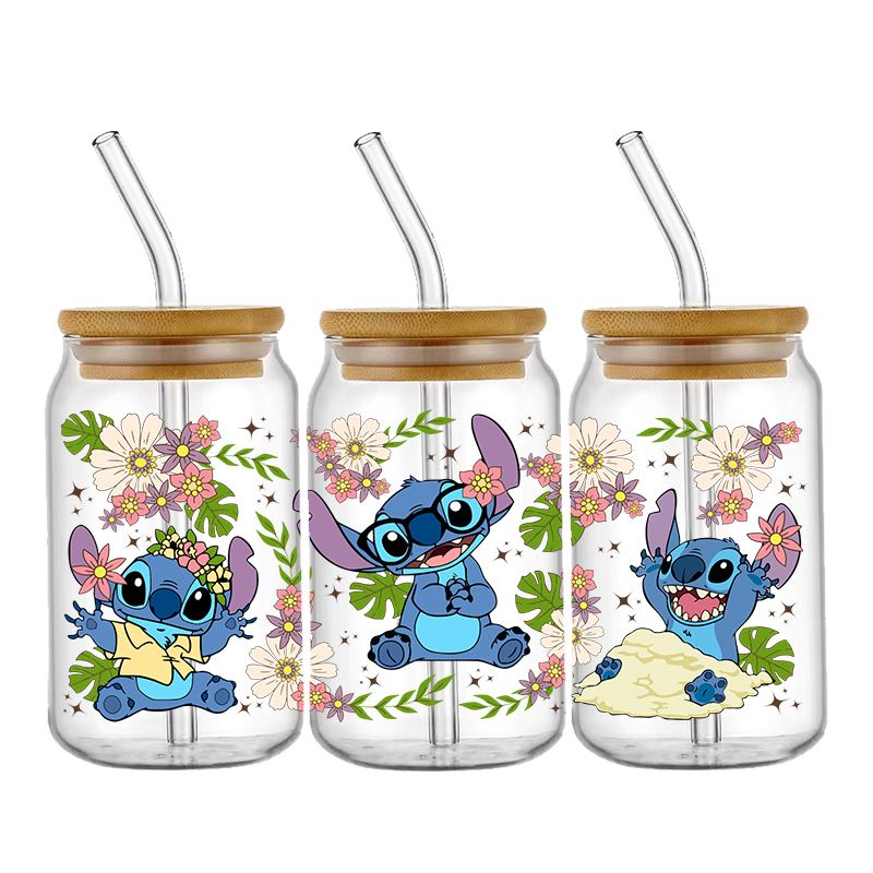 Disney Stitch Lilo UV DTF Transfer Sticker For 16oz Libbey Glass Sticker Cup Wrap Decal DIY Permanent Selfadhesive Waterproof
