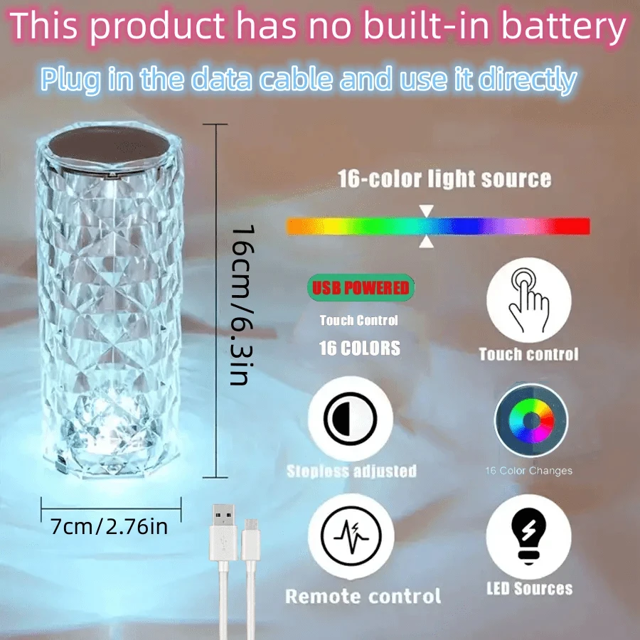 LED-Nachtlicht, Crystal Touch Rose, Tischlampe, wiederaufladbar, 16 Farben, romantische Tischlampe, Schlafzimmer, Nachttisch, Wohnzimmer, Dekoration
