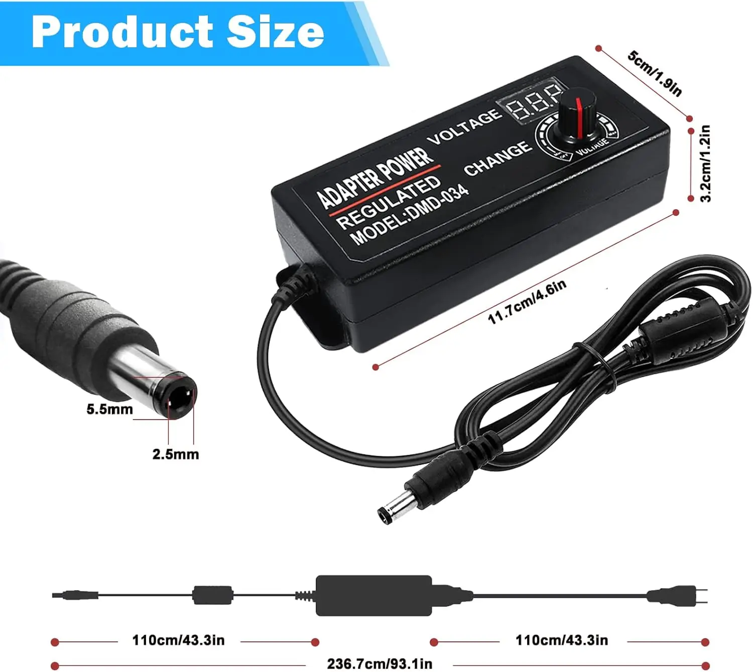 Adattatore regolabile da 3 V a 12 V 5 A o 3 V a 24 V 2 A Schermo di visualizzazione dell'alimentatore Manopola regolata Ingresso CC 5,5 * 2,5 mm US EU 100-240 V CA