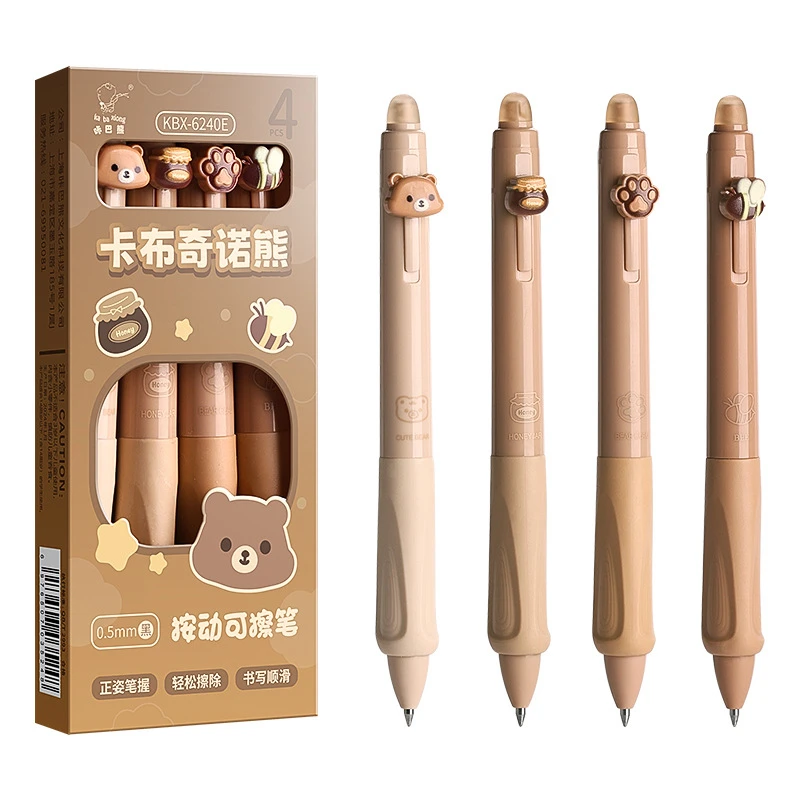 4 ชิ้นหมีน่ารัก Erasable ปากกา, Retractable Erasable ปากกา, 0.5 มิลลิเมตรสีดํา/หมึกสีฟ้า Erasable ปากกา, แห้งเร็วหมึก (กาแฟและสีม่วง)