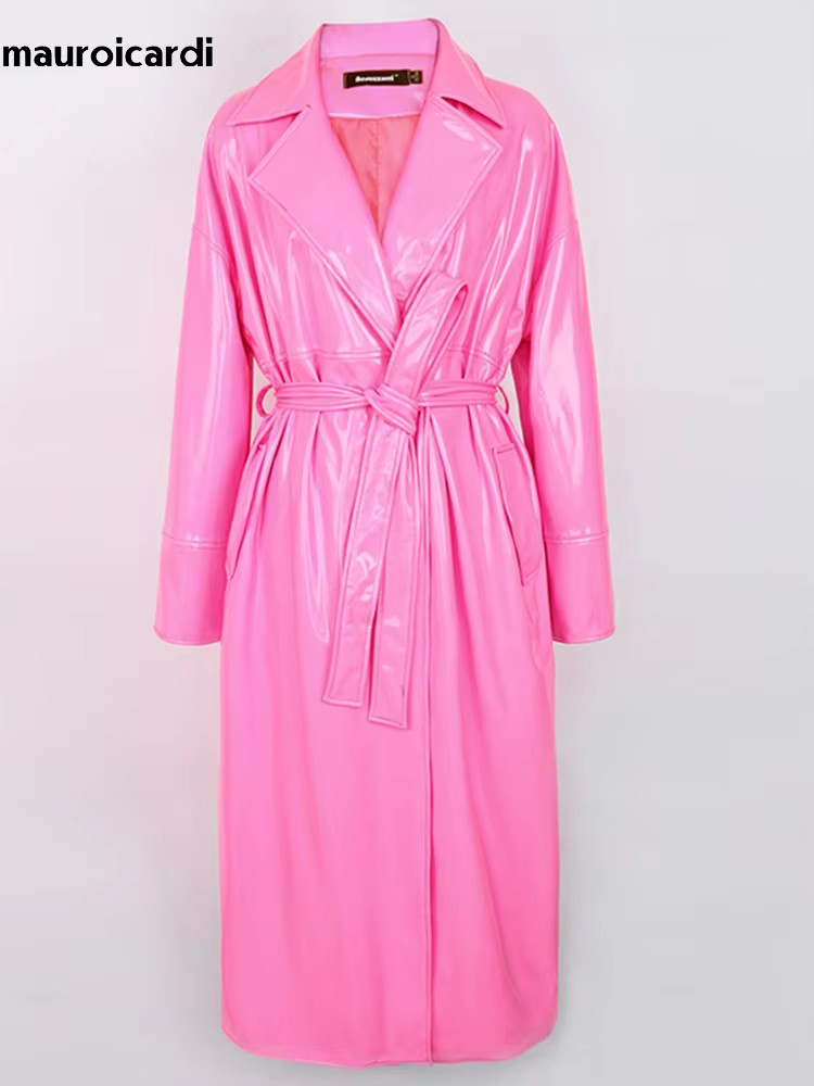 Mauroicardi Frühlingsmantel, lang, weich, dünn, fließend, glänzend, reflektierend, PVC, für Damen, Schärpen, Y2K, Streetwear, Landebahn, europäische Mode