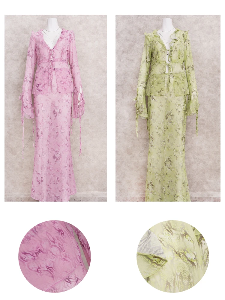 Y2K-Robe de Plage en Maille Transparente pour Femme, Grunge, à Volants, Col en V, Ensemble Jupe 2 Pièces, Été (Longue)